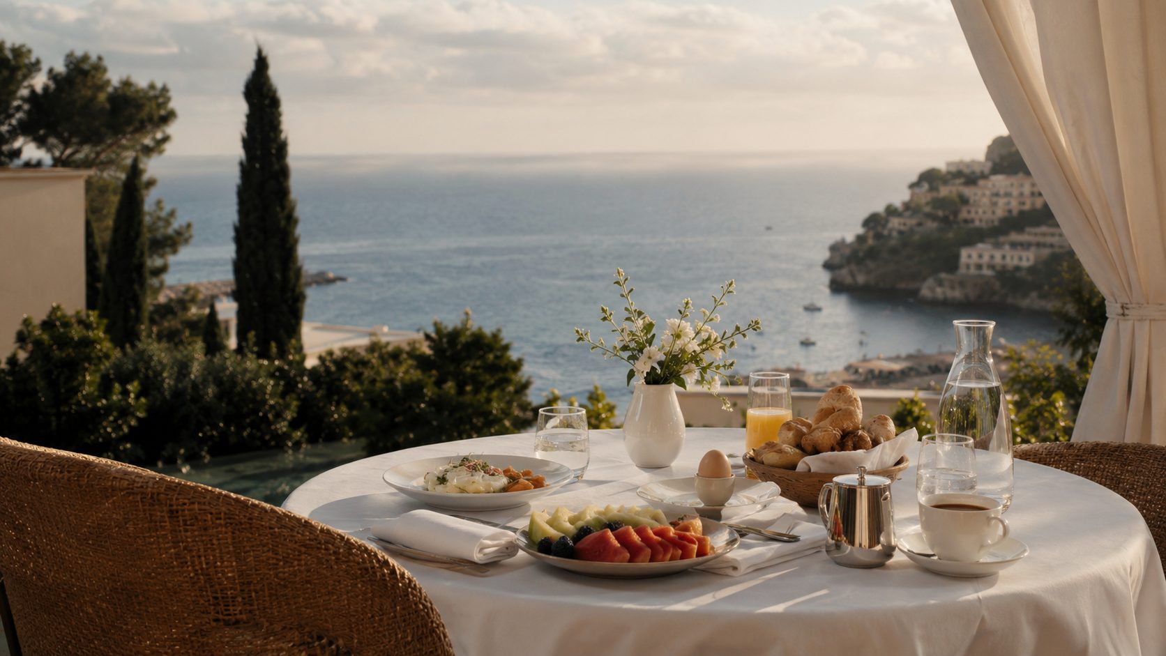 Petit-déjeuner sur une terrasse avec vue sur la mer